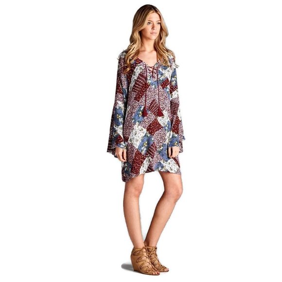 Velzera, Floral Patchwork Print Dress, Red - Picture 3 of 4